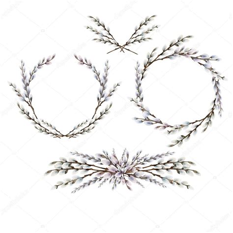 Watercolor Pussy Willow Wreath And Vignettes Stock Photo Homunkulus28 105600020