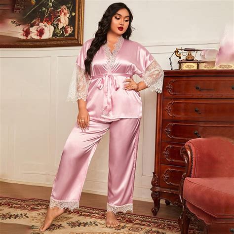 Plus Size Xl Xl Women Pajamas Robe Set Silk Satin Sleepwear Set Underwear Sexy Lingerie Set Pc