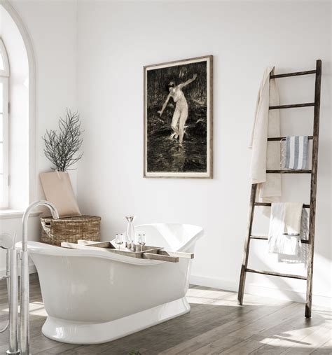 Vintage Nude Woman Bathroom Art Naked Outdoor Bath Art Night Dark Woods Wall Art Bathtime Water