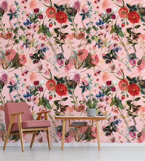 Pink Floral Wallpaper Peel and Stick Wall Mural With Painted - Etsy