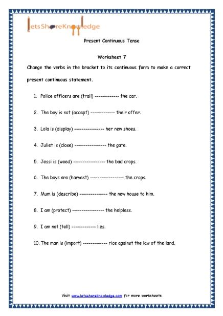 Grade 4 English Resources Printable Worksheets Topic Present Continuous Tenses Lets Share