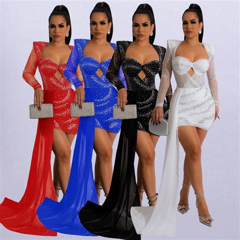 Sexy Wrap Chest Hollow Perspective Hot Drill Dress