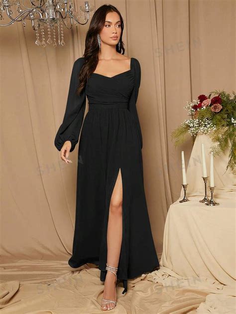 Shein Belle Sweetheart Neck Lantern Sleeve Split Thigh Bridesmaid Dress