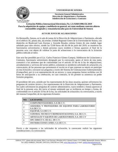 Pdf Acta De Junta De Aclaraciones Universidad De Sonora Las