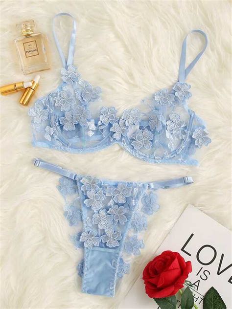 Applique Lace Underwire Lingerie Set Shein Uk