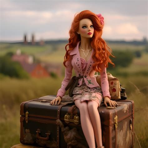 Premium AI Image Cute Blonde Barbie Wearing A Pink Clothing Posed With Luggage Against Nature