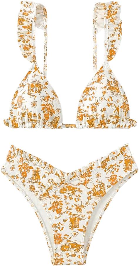Women S Piece Bikini Sets High Cut Ruffle Trim Triangle Floral Bathing Suit Wireless Tie Back
