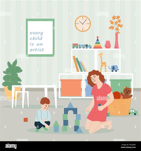Child Psycologist Flat Concept With Boy Playing With Psychotherapist