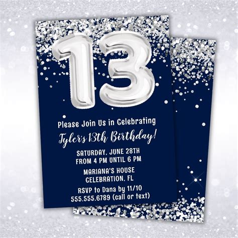 13th Birthday Party Invitation Navy Blue And Silver Balloons Birthday
