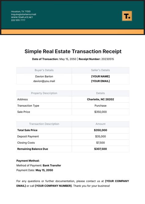simple real estate transaction receipt template  edit