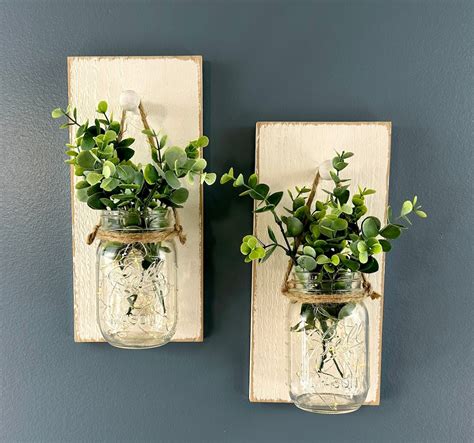 Farmhouse Mason Jar Wall Sconces Set Of Two Lighted Mason Jar Wall