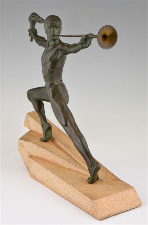 Art Deco Sculpture Male Nude With Trumpet And Torch Deconamic
