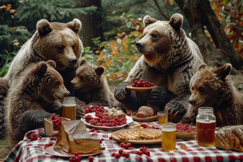 Free Photo Bears Enjoying Picnic Outdoors