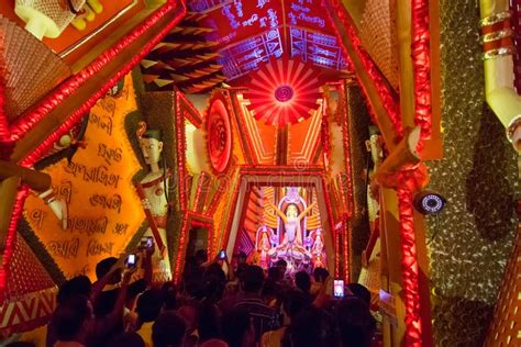 Night Image Of Decorated Durga Puja Pandal Kolkata West Bengal India