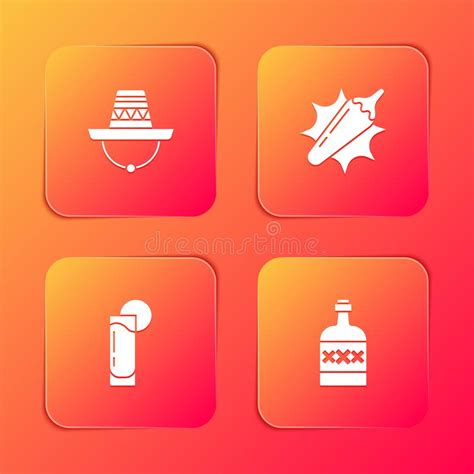 Set Mexican Sombrero Hot Chili Pepper Pod Tequila Glass With Lemon And Bottle Icon Vector