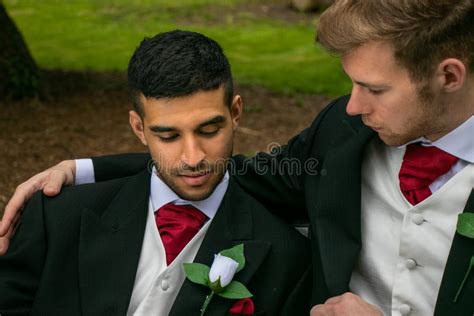 Gay Weddings Grooms Couples Pose For Pictures After Their Wedding Ceremony In Churchyard Stock