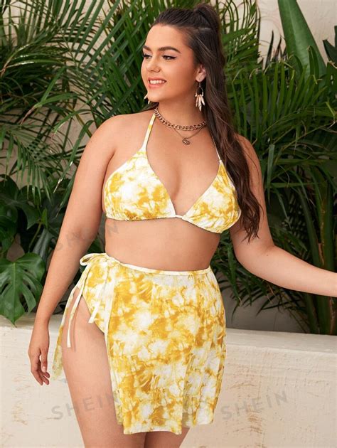 SHEIN Swim Curve paquetes Conjunto de bikini triángulo teñido anudado y falda de playa talla