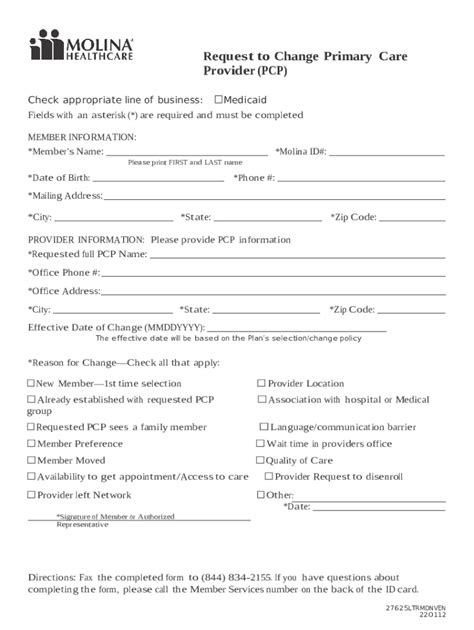 Member Primary Care Provider Pcp Change Request Update Doc Template