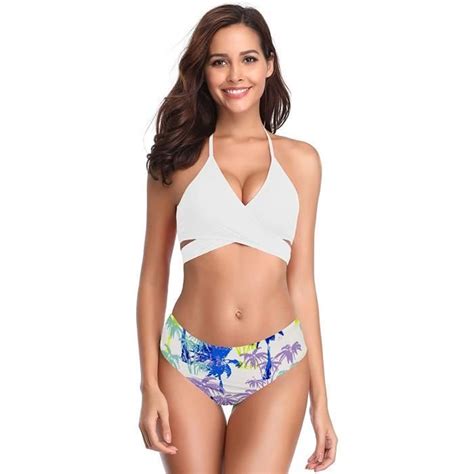 Maillot de Bain 2 Pieces Femme Bikini Push Up Rembourré Halter Réglable Criss Cross Bandage