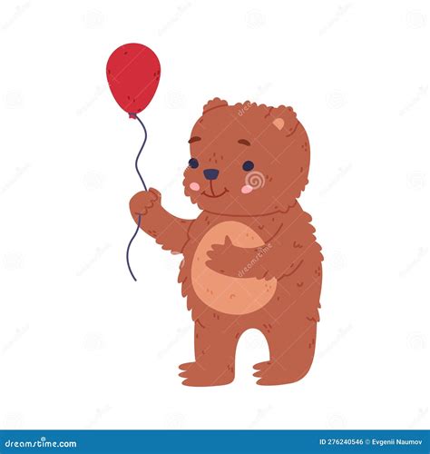 Cute Baby Bear Walking With Red Balloon Funny Wild Forest Brown Animal