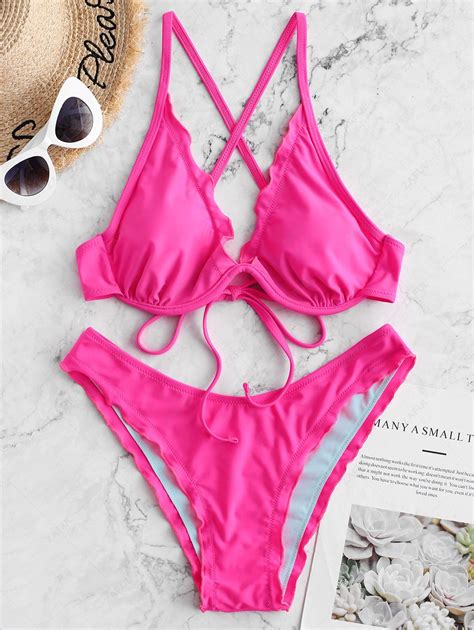 Zaful Lettuce Trim Underwire Criss Cross Bikini Swimsuit In Neon Pink