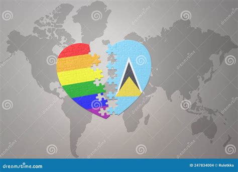 Puzzle Heart With The Rainbow Gay Flag And Saint Lucia On A World Map Background Concept Stock