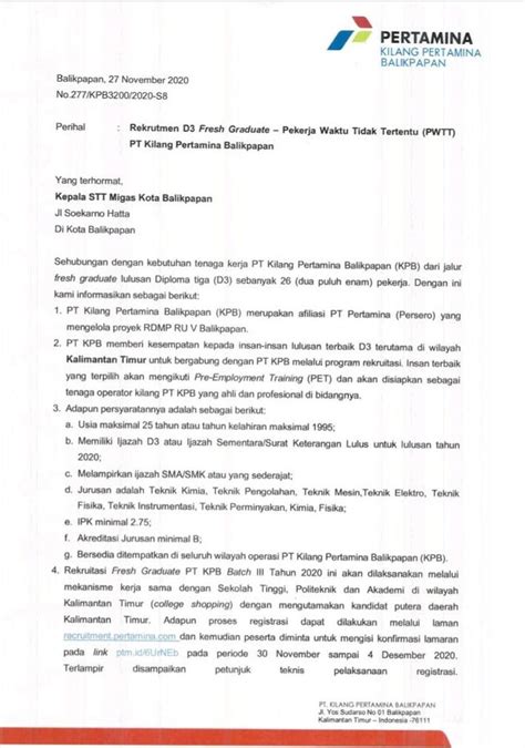 Lowongan Kerja Pt Kilang Pertamina Balikpapan Kalimatan Timur
