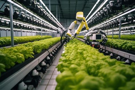 Brazo robótico cosechando lechuga verde en un invernadero generativo ai