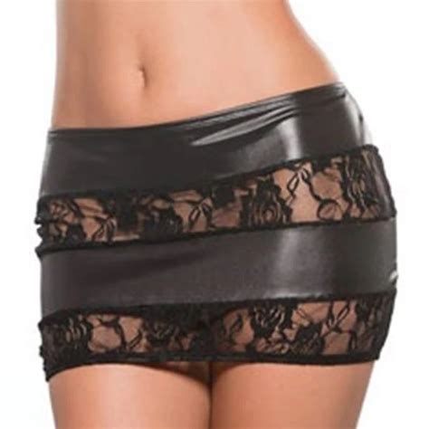 Women Soft Pu Leather Lace Skirt Low Waist Slim Hip Pencil Pole Dance