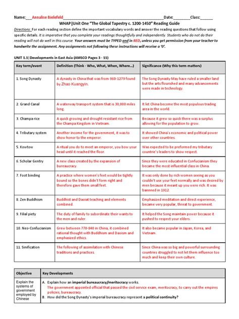 Whap Unit One The Global Tapestry C 1200 1450 Reading Guide Pdf