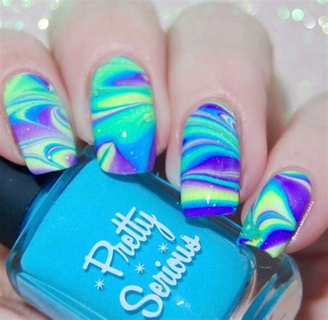 Water Marble Nail Art In Blue And Purple Using Pretty Serious Polish