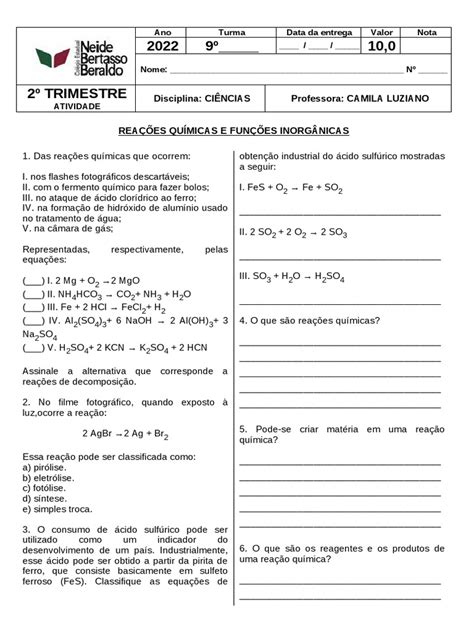 Questões Sobre Reações Químicas 9 Ano - Atividade sobre Reações Químicas 9º Ano | PDF | Reações químicas ...