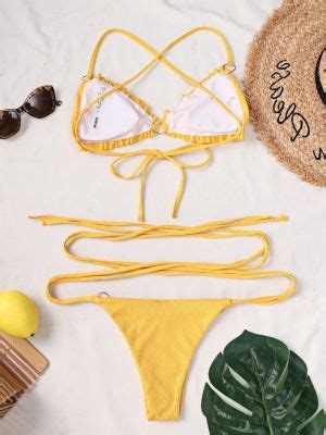 China Brazilian Micro Bikini Mujer Sexy String Swimsuit Pleated Ribbed Bikini Set Yellow