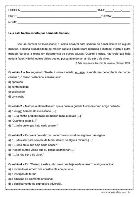 Atividade de português: Artigo definido - 2º ano do ensino médio ...