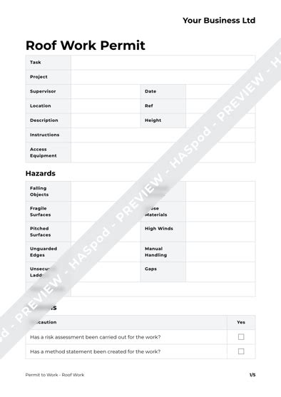Roof Work Permit to Work Template - HASpod