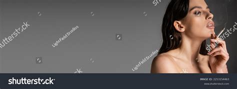 Portrait Brunette Woman Naked Shoulders Holding Stock Photo Shutterstock