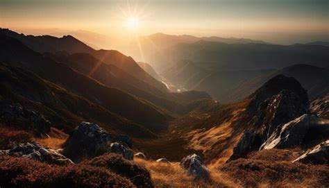 Premium Photo Majestic Mountain Peak Back Lit By Sunset Generated By Ai