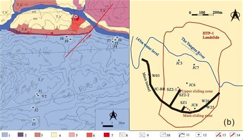 (a) Geological sketch map of study area. Legend: 1. T1j 3 ；2.T2b 1 ...