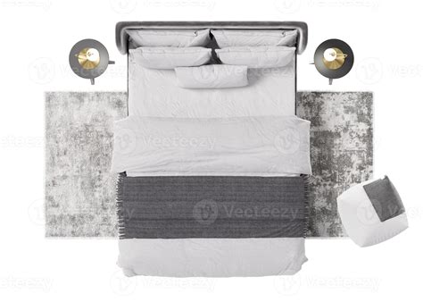 Double Bed With Carpet Pouf And Lamps On White Background Isolated