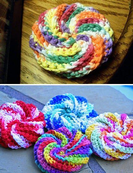 Crocheted Coasters Made With Yarn Are Shown In Three Different Colors