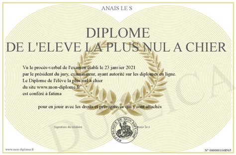 Diplome De L Eleve La Plus Nul A Chier