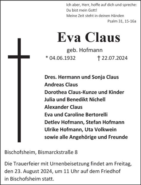 Traueranzeigen Von Eva Claus Vrm Trauer De