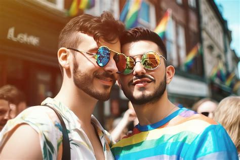 Un par de chicos gay con gafas de sol y ropa colorida en el día del orgullo lgbtqia ai