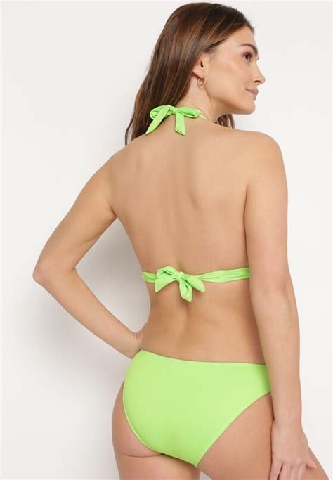 Jasnozielone Bikini Usztywniany Biustonosz Wiązany na Szyi i Plecach Majtki Figi Ozdobione