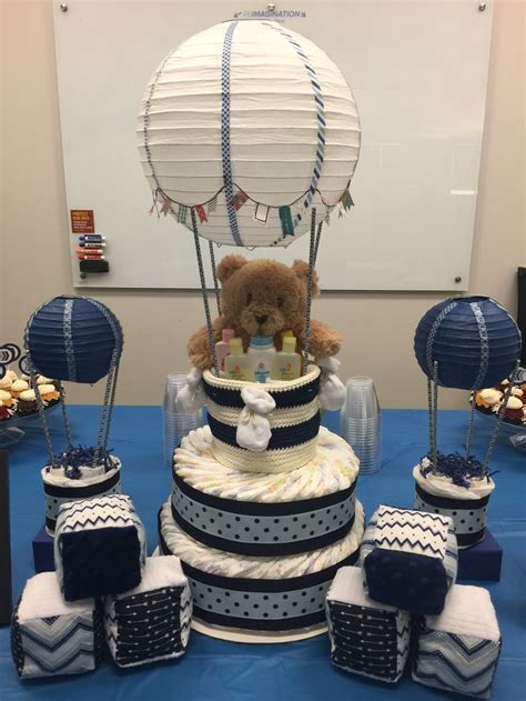 Hot Air Balloon Diaper Cake And Mini Versions Plus Soft Baby Blocks Baby Shower Fun Baby