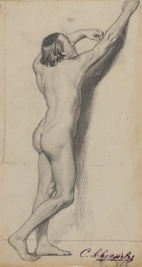 Christian Schussele Figure Study Male Nude Standing With Upraised