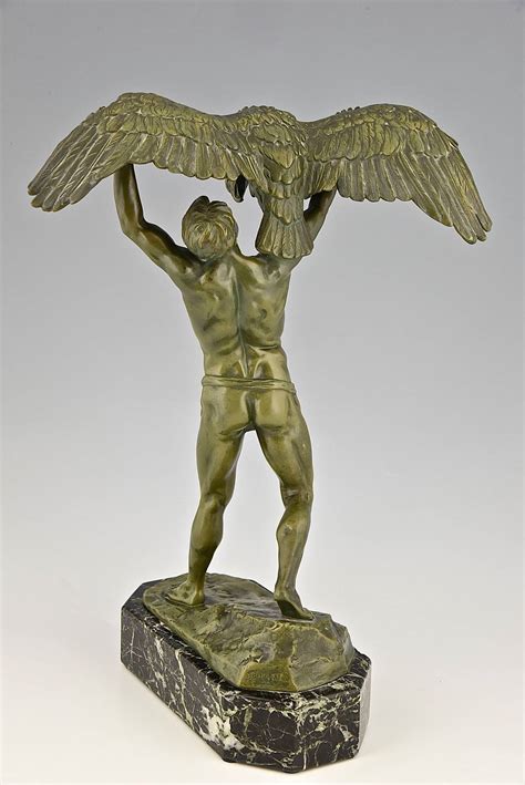 Antique Bronze Sculpture Male Nude Ganymede With Eagle By Sautner
