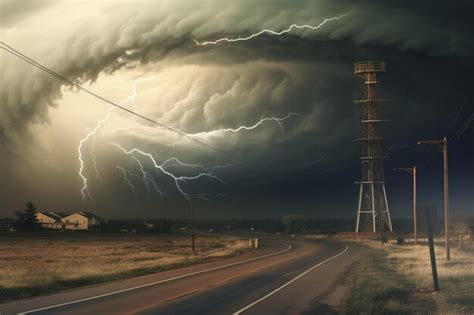 Tornado Swirling Past Highvoltage Power Lines Premium Ai Generated Image