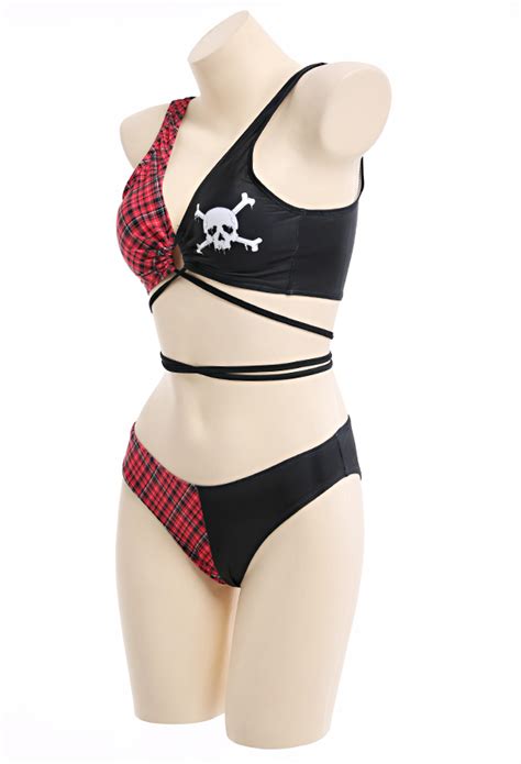 Skull Print Bikini Set Gothic Swimsuit Gothic Cross Strap Bathing Suit In Stock