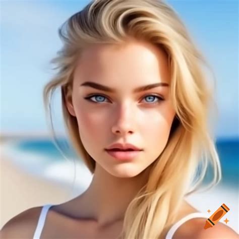 Realistic Portrait Of Cheerful Blonde Woman In White Floral Summer Dress With Blue Eyes On Craiyon